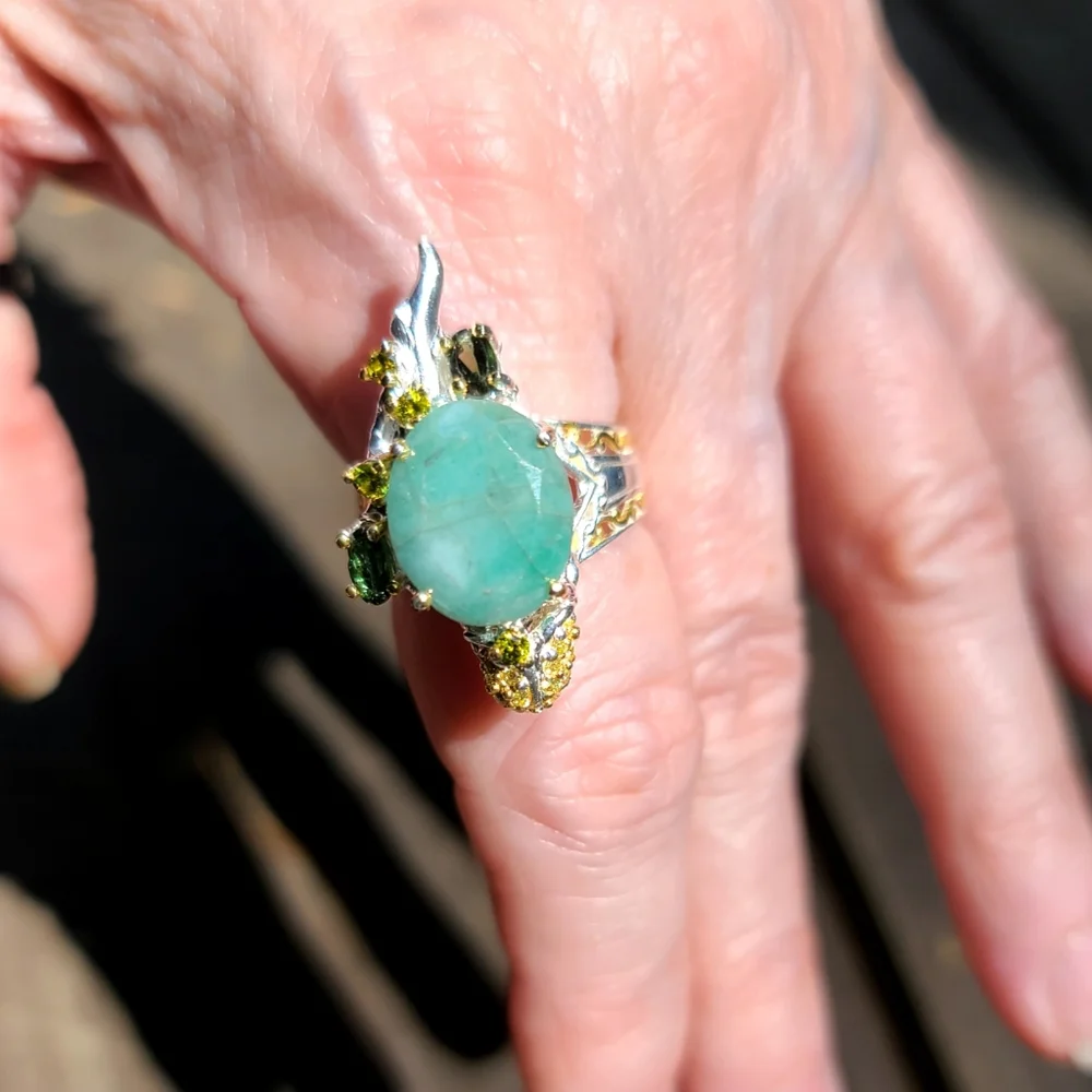 12k Emerald & Tourmaline Lizard 🦎 sterling &gold ring sz7.5 💍 - Picture 5 of 8